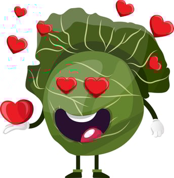 Cabbage is in love, illustration, vector on white background.