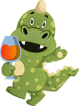 Green dragon is holding glass of vine, illustration, vector on white background.