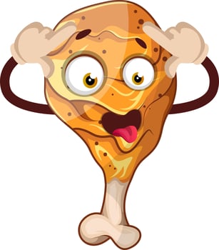 Crazy, fried chicken drumstick, illustration, vector on white background.