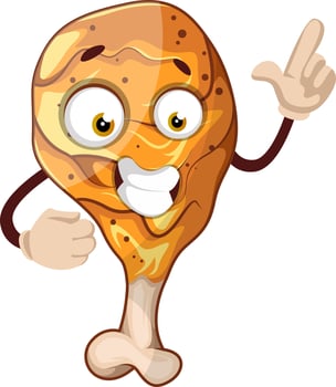 Funny, cheerful, fried chicken leg, illustration, vector on white background.