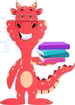 Red dragon is holding books, illustration, vector on white background.