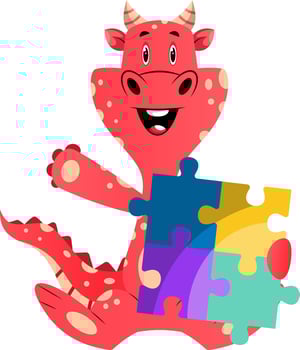 Red dragon is holding puzzle, illustration, vector on white background.