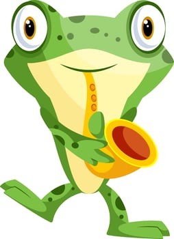 Joyful frog playing saxophone, illustration, vector on white background.