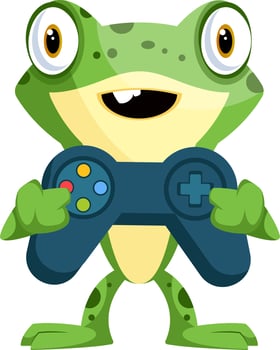 Cute baby frog holding a joystick, illustration, vector on white background.