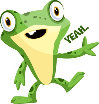 Happy baby frog waving, with a yeah text on a side, illustration, vector on white background.