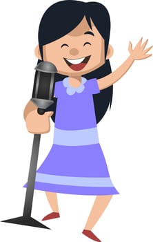 Girl is singing on microphone, illustration, vector on white background.