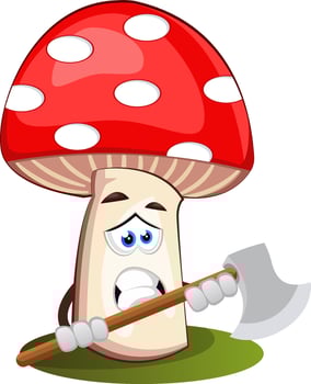 Mushroom holding axe, illustration, vector on white background.