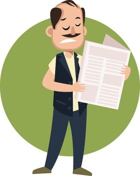 Man reading newspaper, illustration, vector on white background.
