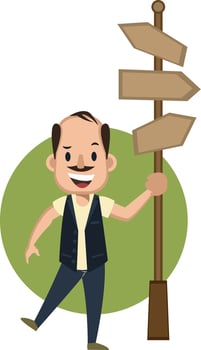 Man with road sign, illustration, vector on white background.