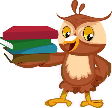 Owl with books, illustration, vector on white background.