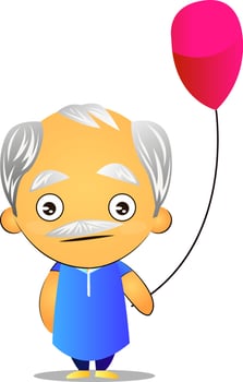 Old man holding balloon, illustration, vector on white background.