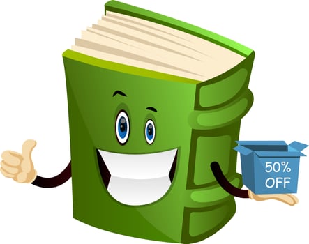 Cartoon book character is holding discount box, illustration, vector on white background.