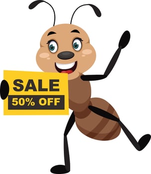 Ant with sale sign, illustrator, vector on white background.