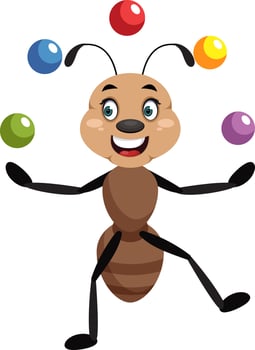 Ant juggling, illustration, vector on white background.