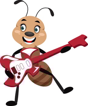 Ant playing guitar, illustrator, vector on white background.