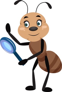 Ant with magnifying tool, illustrator, vector on white background.
