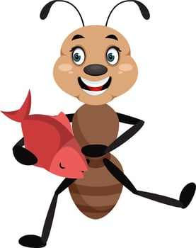 Ant holding fish, illustrator, vector on white background.