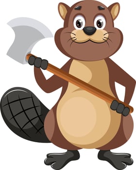 Beaver holding axe, illustration, vector on white background.