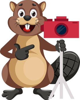 beaver with camera, illustration, vector on white background.