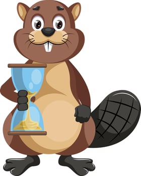 Beaver with sand watch, illustration, vector on white background.