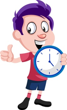 Boy holding clock, illustration, vector on white background.