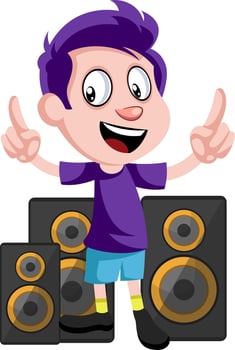 Boy with speakers, illustration, vector on white background.