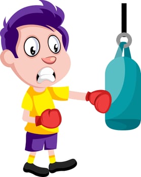 Boy with boxing gloves, illustration, vector on white background.