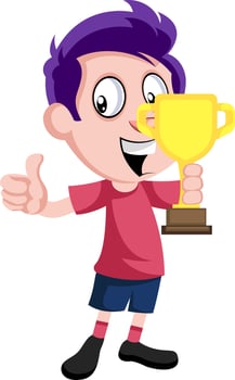 Boy with trophy, illustration, vector on white background.