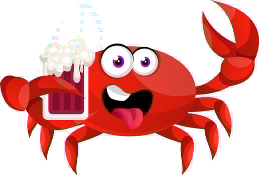 Crab with beer, illustration, vector on white background.