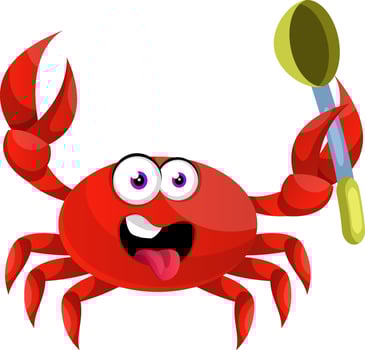 Crab with spoon, illustration, vector on white background.