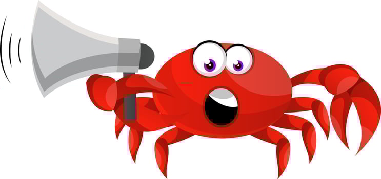 Crab holding megaphone, illustration, vector on white background.
