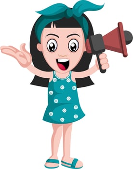 Girl with megaphone, illustration, vector on white background.
