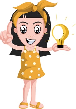 Girl with lighting bulb, illustration, vector on white background.