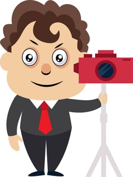 Man with camera, illustration, vector on white background.