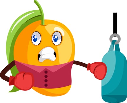 Mango with boxing gloves, illustration, vector on white background.