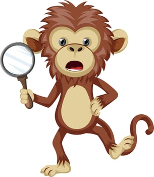 Monkey with magnifying glass, illustration, vector on white background.