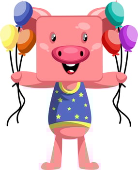 Pig holding balloons, illustration, vector on white background.