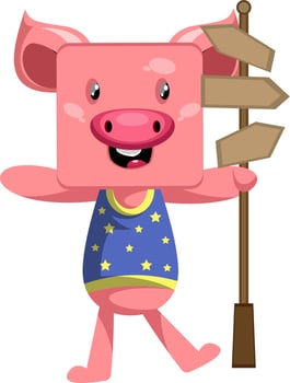 Pig with road sign, illustration, vector on white background.