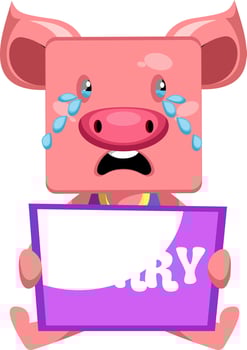 Pig with sorry sign, illustration, vector on white background.