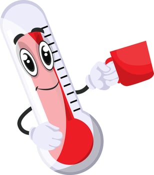 Thermometer drinking coffee, illustration, vector on white background.