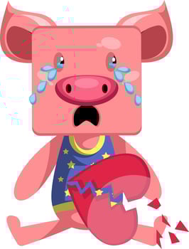 Pig with broken heart, illustration, vector on white background.