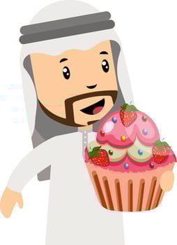 Arab men with cake, illustration, vector on white background.