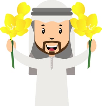 Arab men with yellow flowers, illustration, vector on white background.