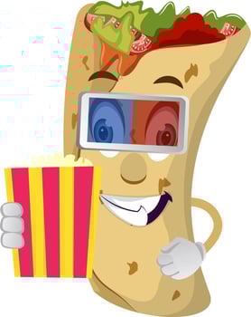 Burrito with popcorn, illustration, vector on white background.