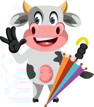 Cow with umbrella, illustration, vector on white background.
