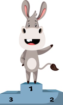 Donkey on wining stage, illustration, vector on white background.