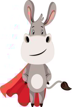 Donkey with red cape, illustration, vector on white background.