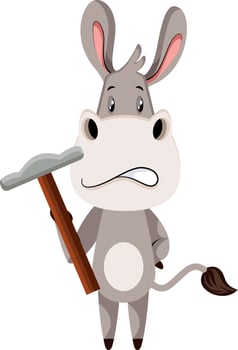 Donkey with hammer, illustration, vector on white background.