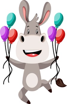 Donkey with balloons, illustration, vector on white background.