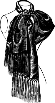 Scarf is designed with tassels, vintage engraving. vector